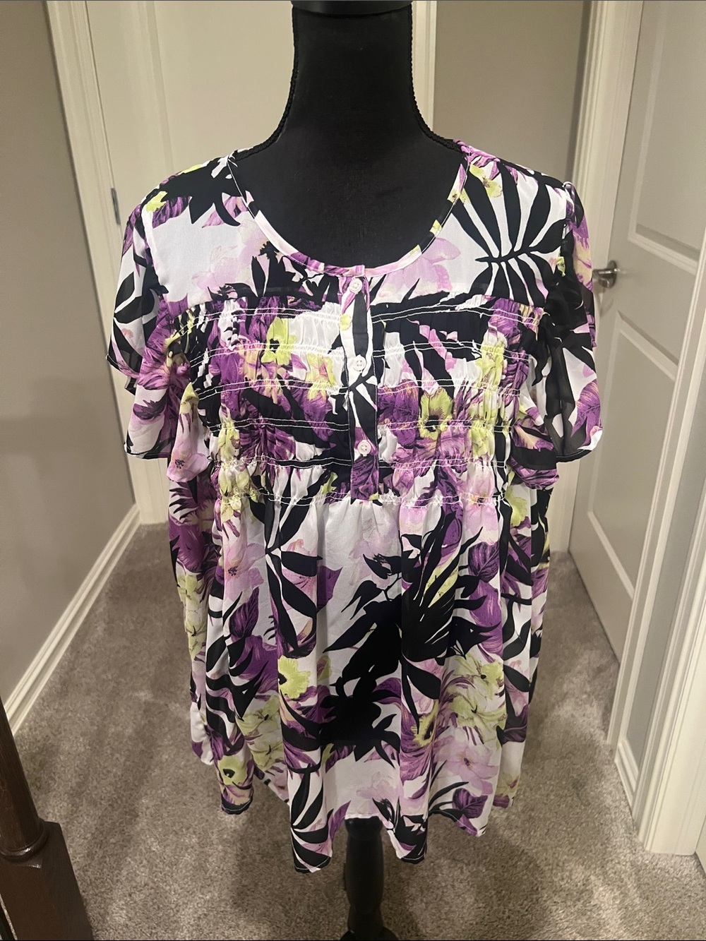 Cato Purple Black Floral Smocked Short Sleeve Tunic
